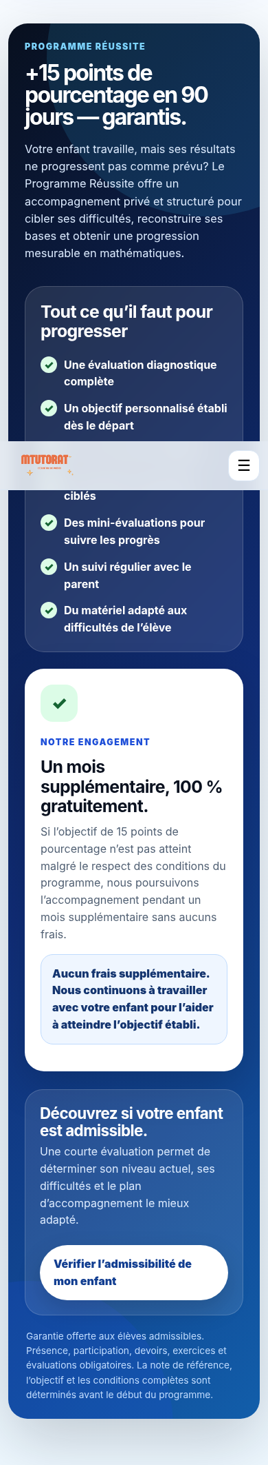 Section Programme Réussite de mtutorat sur mobile