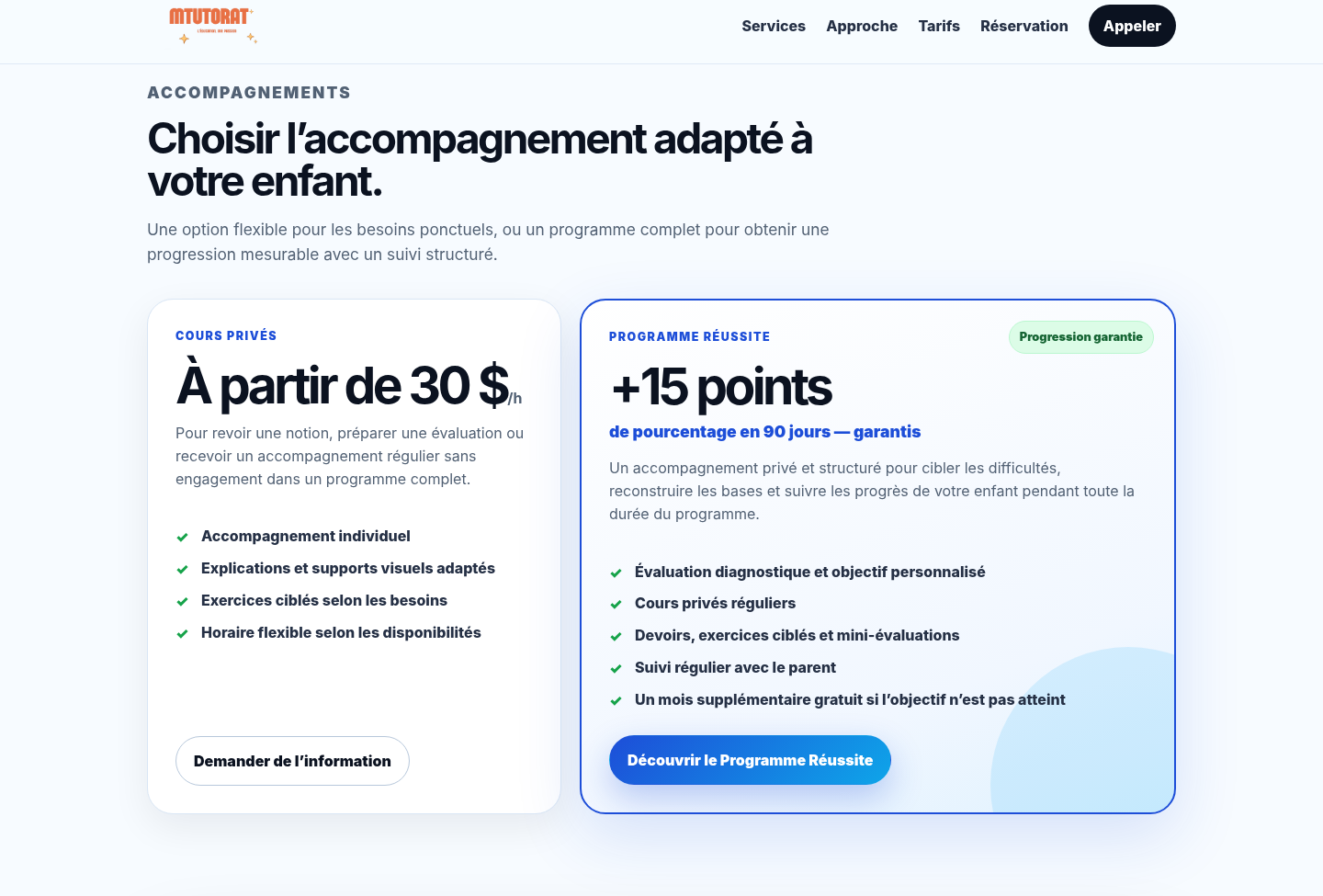 Section des tarifs du site mtutorat